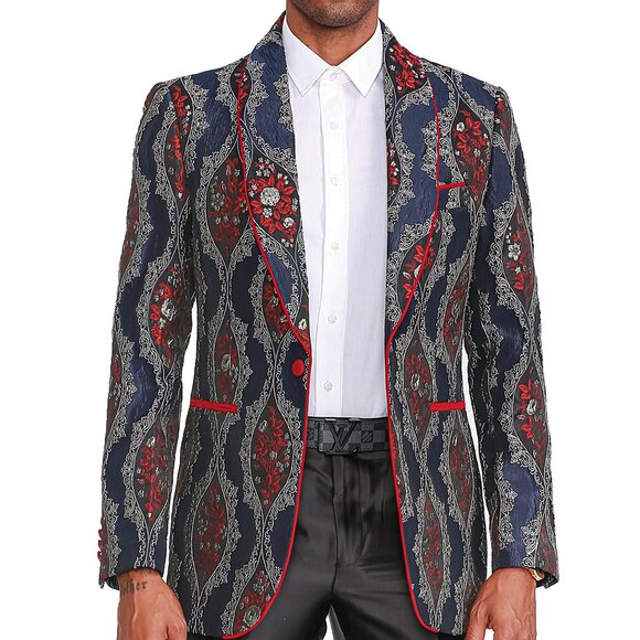 Empire™ Navy & Red Baroque Notch Lapel Hybrid Fit Blazer, Navy & Red - Picture 2 of 5